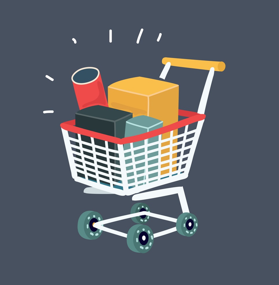 Trolley full of products in supermarket